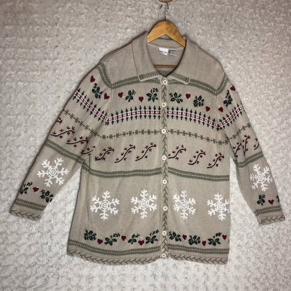 Cherokee Women's Tan Winter Knit Theme Button Down Cardigan Size‎ 1X